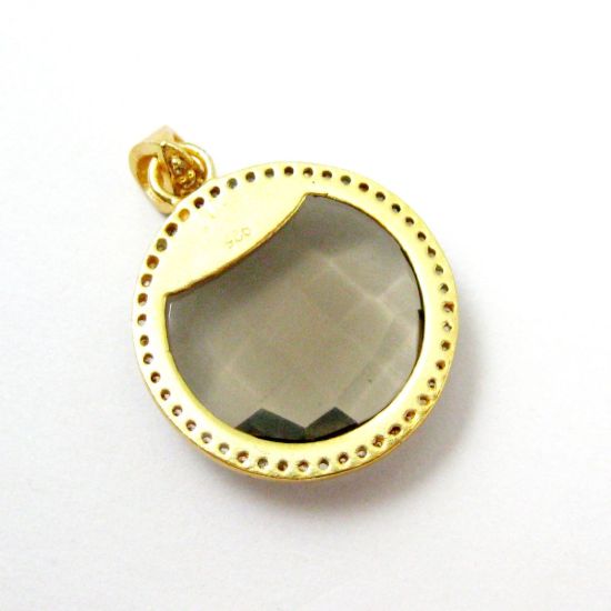 Wholesale Gold plated Sterling Silver Smokey Quartz Bezel Gemstone Round Pave Pendant, Wholesale Gemstone Pendants for Jewelry Making