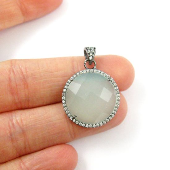 Wholesale Oxidized Sterling Silver Aqua Chalcedony Bezel Gemstone Round Pave Pendant, Wholesale Gemstone Pendants for Jewelry Making