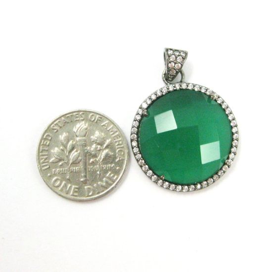 Wholesale Oxidized Sterling Silver Green Onyx Bezel Gemstone Round Pave Pendant, Wholesale Gemstone Pendants for Jewelry Making