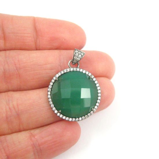 Wholesale Oxidized Sterling Silver Green Onyx Bezel Gemstone Round Pave Pendant, Wholesale Gemstone Pendants for Jewelry Making