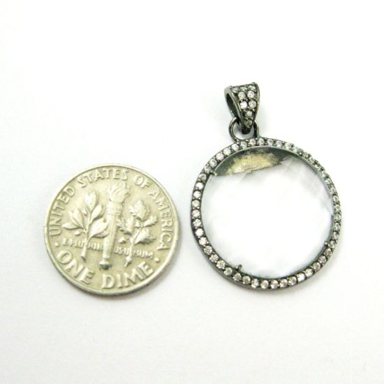 Wholesale Oxidized Sterling Silver Crystal Quartz Bezel Gemstone Round Pave Pendant, Wholesale Gemstone Pendants for Jewelry Making