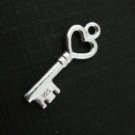 Wholesale 925 Sterling Silver Tiny Key Charm with Heart - 19mm (1 pc)