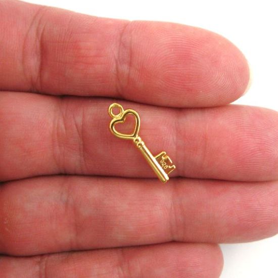 Wholesale Gold Over 925 Sterling Silver Tiny Key Charm with Heart - 19mm (1 pc)