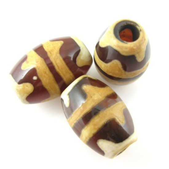 Wholesale Carnelian dZi bead - Oval Shape with Twin Tiger's Teeth -- 12mm by 8mm ( 3 pcs)