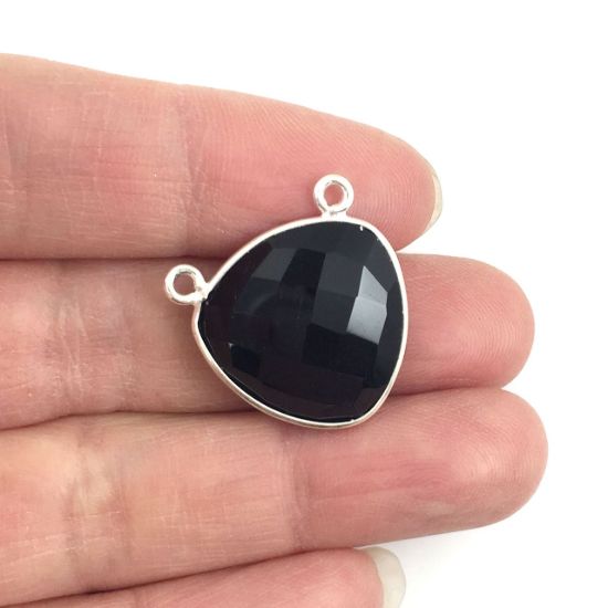 Wholesale Sterling Silver Black Onyx Large Trillion Shaped Bezel Gemstone Connector Links, Wholesale Gemstone Charms and Pendants for Jewelry Making