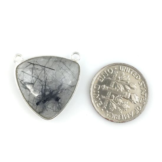 Wholesale Sterling Silver Black Rutilated Quartz Large Trillion Shaped Bezel Gemstone Connector Links, Wholesale Gemstone Charms and Pendants for Jewelry Making