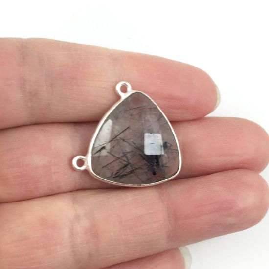 Wholesale Sterling Silver Black Rutilated Quartz Large Trillion Shaped Bezel Gemstone Connector Links, Wholesale Gemstone Charms and Pendants for Jewelry Making