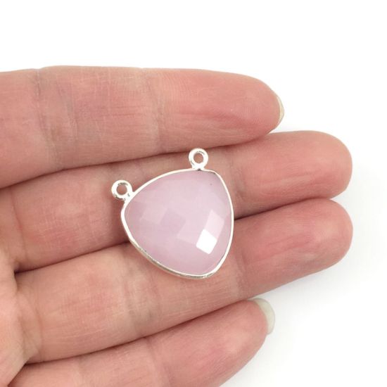 Wholesale Sterling Silver Pink Chalcedony Large Trillion Shaped Bezel Gemstone Connector Links, Wholesale Gemstone Charms and Pendants for Jewelry Making