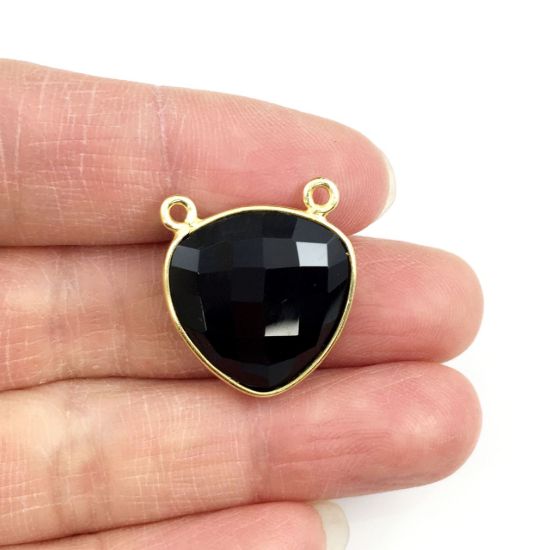 Wholesale Gold plated Sterling Silver Black Onyx Large Trillion Shaped Bezel Gemstone Connector Links, Wholesale Gemstone Charms and Pendants for Jewelry Making