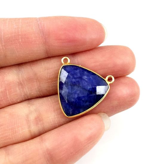 Wholesale Gold plated Sterling Silver Blue Sapphire Dyed Large Trillion Shaped Bezel Gemstone Connector Links, Wholesale Gemstone Charms and Pendants for Jewelry Making