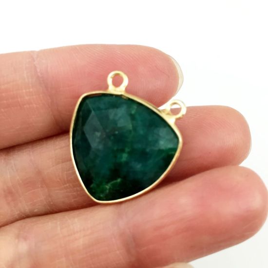 Wholesale Gold plated Sterling Silver Emerald Dyed Large Trillion Shaped Bezel Gemstone Connector Links, Wholesale Gemstone Charms and Pendants for Jewelry Making