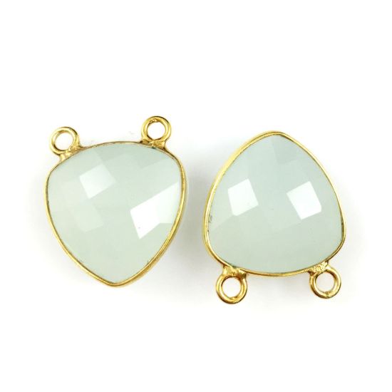 Wholesale Gold plated Sterling Silver Aqua Chalcedony Small Trillion Shaped Bezel Gemstone Connector Links, Wholesale Gemstone Charms and Pendants for Jewelry Making
