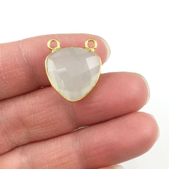 Wholesale Gold plated Sterling Silver Aqua Chalcedony Small Trillion Shaped Bezel Gemstone Connector Links, Wholesale Gemstone Charms and Pendants for Jewelry Making