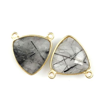 Wholesale Gold plated Sterling Silver Black Rutilated Quartz Small Trillion Shaped Bezel Gemstone Connector Links, Wholesale Gemstone Charms and Pendants for Jewelry Making