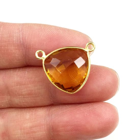 Wholesale Gold plated Sterling Silver Citrine Quartz Small Trillion Shaped Bezel Gemstone Connector Links, Wholesale Gemstone Charms and Pendants for Jewelry Making
