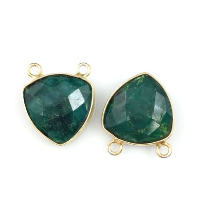Wholesale Gold plated Sterling Silver Emerald Dyed Small Trillion Shaped Bezel Gemstone Connector Links, Wholesale Gemstone Charms and Pendants for Jewelry Making