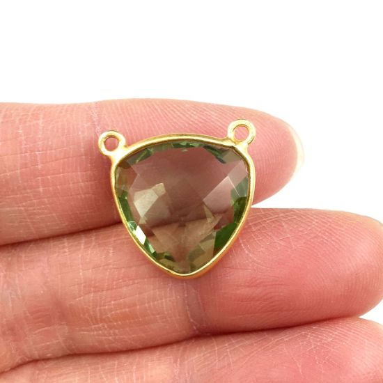 Wholesale Gold plated Sterling Silver Green Amethyst Quartz Small Trillion Shaped Bezel Gemstone Connector Links, Wholesale Gemstone Charms and Pendants for Jewelry Making