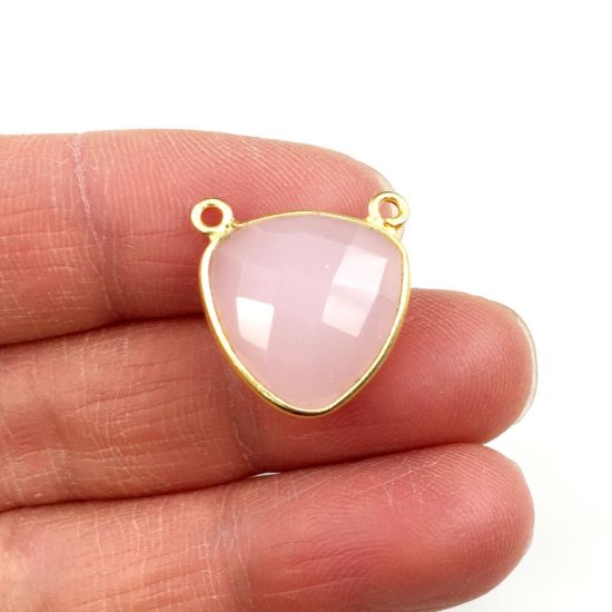 Wholesale Gold plated Sterling Silver Pink Chalcedony Small Trillion Shaped Bezel Gemstone Connector Links, Wholesale Gemstone Charms and Pendants for Jewelry Making