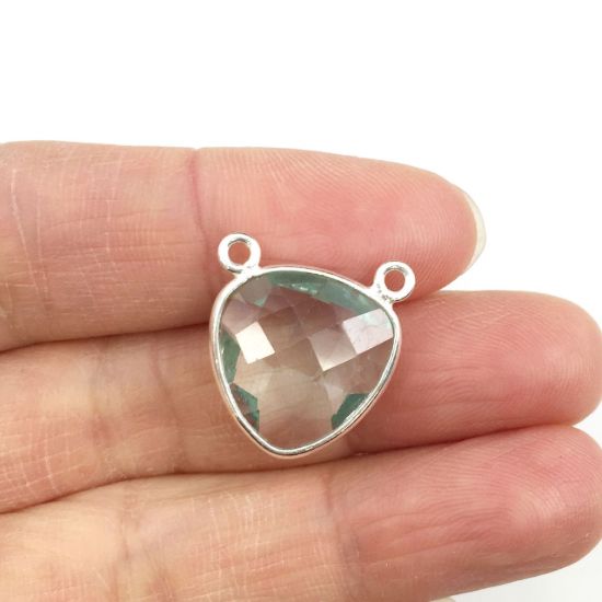 Wholesale Sterling Silver Aqua Quartz Small Trillion Shaped Bezel Gemstone Connector Links, Wholesale Gemstone Charms and Pendants for Jewelry Making