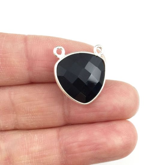 Wholesale Sterling Silver Black Onyx Small Trillion Shaped Bezel Gemstone Connector Links, Wholesale Gemstone Charms and Pendants for Jewelry Making