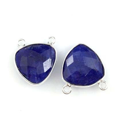 Wholesale Sterling Silver Blue Sapphire Dyed Small Trillion Shaped Bezel Gemstone Connector Links, Wholesale Gemstone Charms and Pendants for Jewelry Making