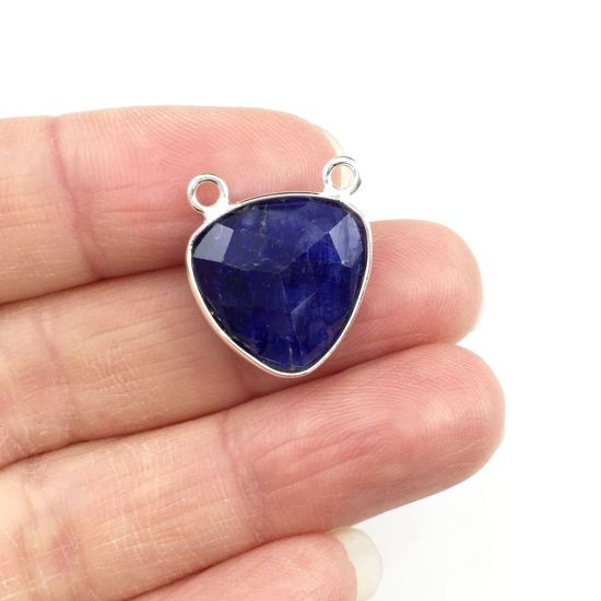 Wholesale Sterling Silver Blue Sapphire Dyed Small Trillion Shaped Bezel Gemstone Connector Links, Wholesale Gemstone Charms and Pendants for Jewelry Making