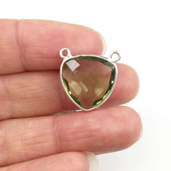 Wholesale Sterling Silver Green Amethyst Quartz Small Trillion Shaped Bezel Gemstone Connector Links, Wholesale Gemstone Charms and Pendants for Jewelry Making