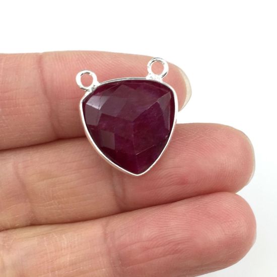 Wholesale Sterling Silver Ruby Dyed Small Trillion Shaped Bezel Gemstone Connector Links, Wholesale Gemstone Charms and Pendants for Jewelry Making