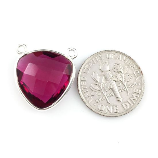 Wholesale Sterling Silver Rubylite Quartz Small Trillion Shaped Bezel Gemstone Connector Links, Wholesale Gemstone Charms and Pendants for Jewelry Making