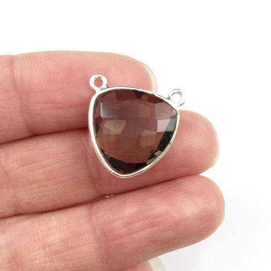 Wholesale Sterling Silver Smokey Quartz Small Trillion Shaped Bezel Gemstone Connector Links, Wholesale Gemstone Charms and Pendants for Jewelry Making
