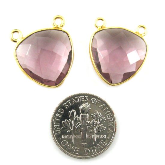Wholesale Gold plated Sterling Silver Amethyst Quartz Small Trillion Shaped Bezel Gemstone Connector Links, Wholesale Gemstone Charms and Pendants for Jewelry Making