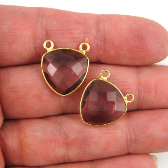 Wholesale Gold plated Sterling Silver Amethyst Quartz Small Trillion Shaped Bezel Gemstone Connector Links, Wholesale Gemstone Charms and Pendants for Jewelry Making