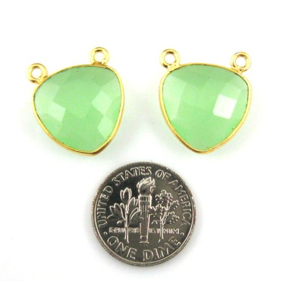 Wholesale Gold plated Sterling Silver Aqua Chalcedony Small Trillion Shaped Bezel Gemstone Connector Links, Wholesale Gemstone Charms and Pendants for Jewelry Making