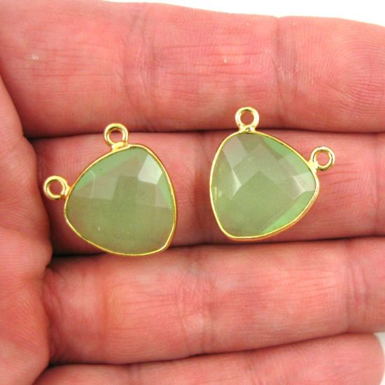Wholesale Gold plated Sterling Silver Aqua Chalcedony Small Trillion Shaped Bezel Gemstone Connector Links, Wholesale Gemstone Charms and Pendants for Jewelry Making