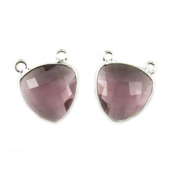 Wholesale Sterling Silver Pink Amethyst Quartz Small Trillion Shaped Bezel Gemstone Connector Links, Wholesale Gemstone Charms and Pendants for Jewelry Making