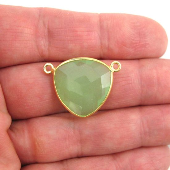 Wholesale Gold plated Sterling Silver Prehnite Chalcedony Large Trillion Shaped Bezel Gemstone Connector Links, Wholesale Gemstone Charms and Pendants for Jewelry Making