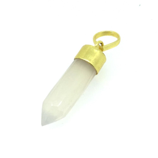 Wholesale Gemstone Spike Pendant, White Chalcedony - Gold plated Sterling Silver Gemstone Spike Pendant - Faceted Point Gem Pendant - 29mm