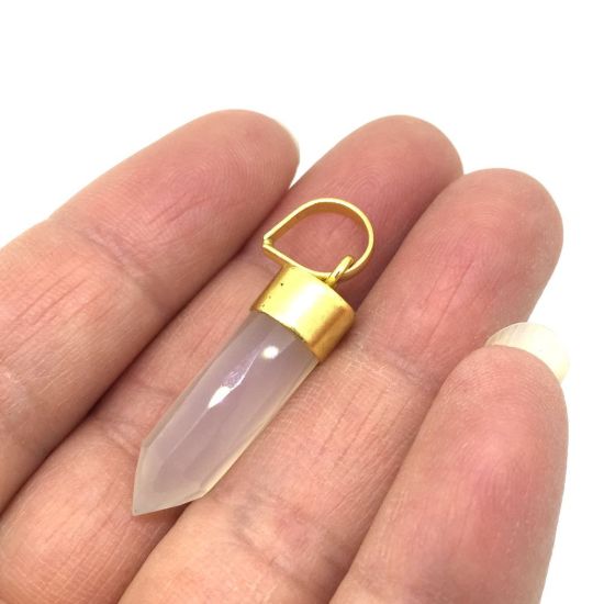 Wholesale Gemstone Spike Pendant, White Chalcedony - Gold plated Sterling Silver Gemstone Spike Pendant - Faceted Point Gem Pendant - 29mm