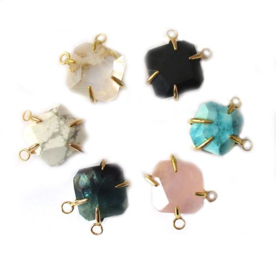 Wholesale Faceted Octagon Gemstone Connector Pendant - Black Agate - Large Stone Prong Setting - 20- 26mm