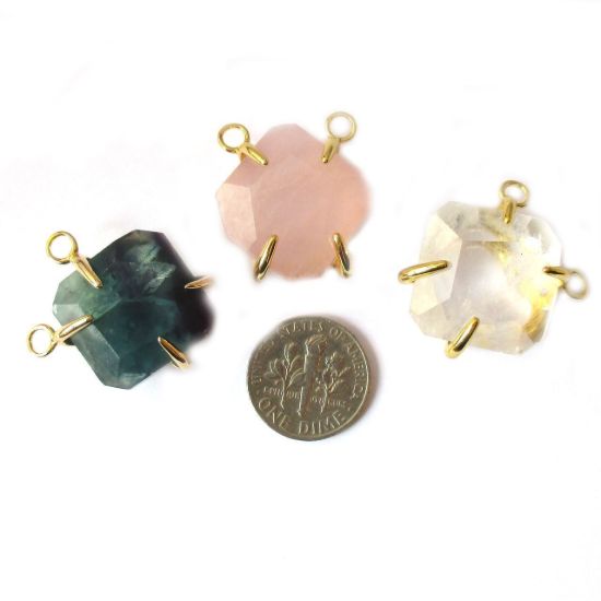 Wholesale Faceted Octagon Gemstone Connector Pendant - Black Agate - Large Stone Prong Setting - 20- 26mm