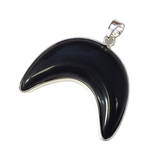 Wholesale Natural Black Agate Necklace Pendant, Arch Shape Pendant, Natural Black, Crescent Moon Shape Pendant Silver plated Brass - 35mm