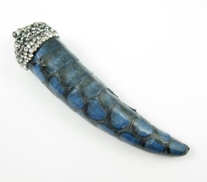Wholesale Natural Jasper Leather Wrapped Tusk Pendant - Blue Leather with Pave Bail - 70mm