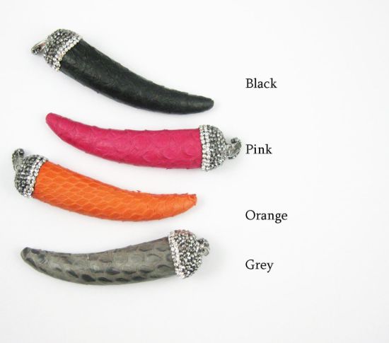 Wholesale Natural Jasper Leather Wrapped Tusk Pendant - Blue Leather with Pave Bail - 70mm