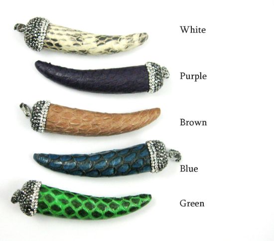 Wholesale Natural Jasper Leather Wrapped Tusk Pendant - Blue Leather with Pave Bail - 70mm
