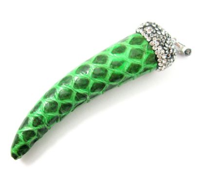 Wholesale Natural Jasper Leather Wrapped Tusk Pendant - Green Leather with Pave Bail - 70mm
