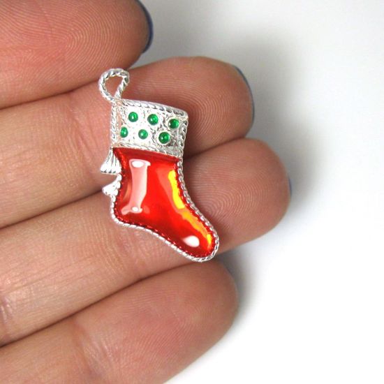 Wholesale Sterling Silver Enamel Christmas Stocking Charm, Holiday Charm (1 pc)