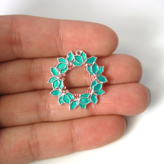 Wholesale Sterling Silver Enamel Christmas Wreath Charm, Holiday Charm