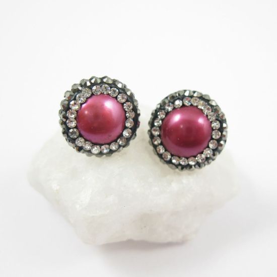 Wholesale Hot Pink Freshwater Pearl Pave Earring,  Sterling Silver Posts, Pearl and Pave Earrings - 1 pair