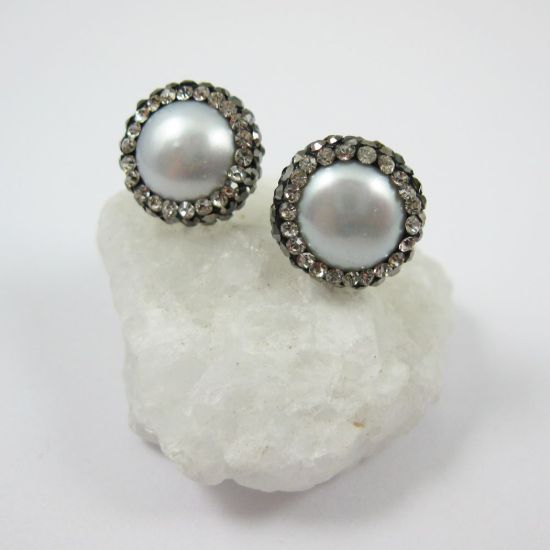 Wholesale Silver Freshwater Pearl Pave Earring, Sterling Silver Posts, Pearl and Pave Earrings - 1 pair