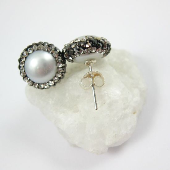 Wholesale Silver Freshwater Pearl Pave Earring, Sterling Silver Posts, Pearl and Pave Earrings - 1 pair